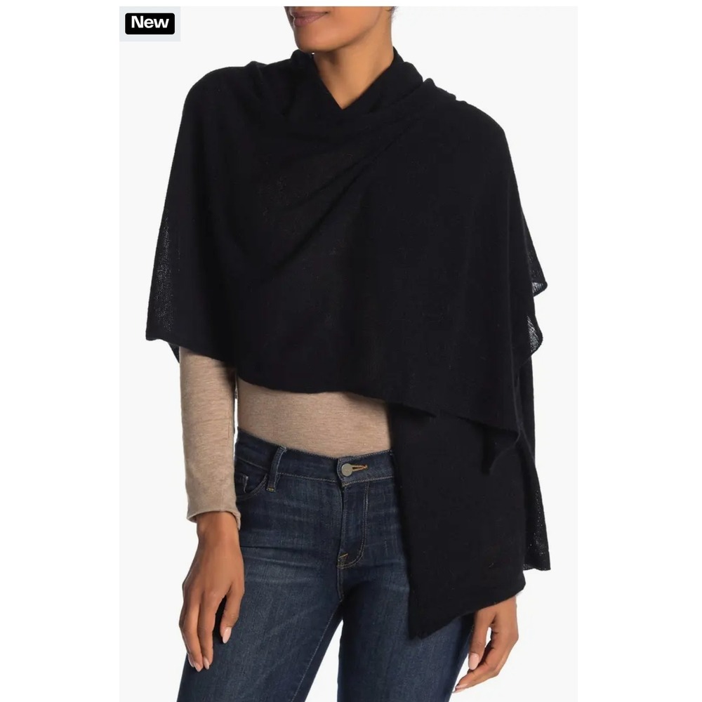 Portolano Black‎ Lambswool Angora Blend Cowl Neck Poncho Wrap One Size